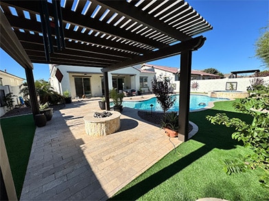 Custom Landscape Design with Pergola, Artificial Turf, and Pool