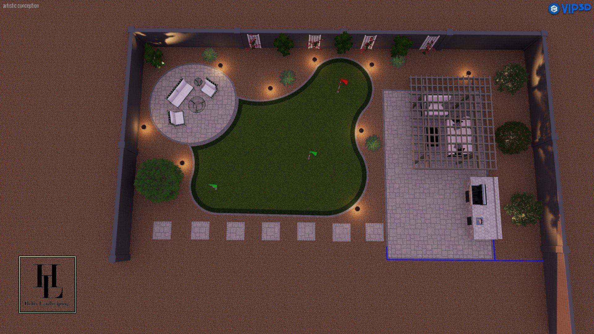 3D Concept of Residence B’s Backyard Featuring Lawn, Outdoor Seating, and Grilling Area