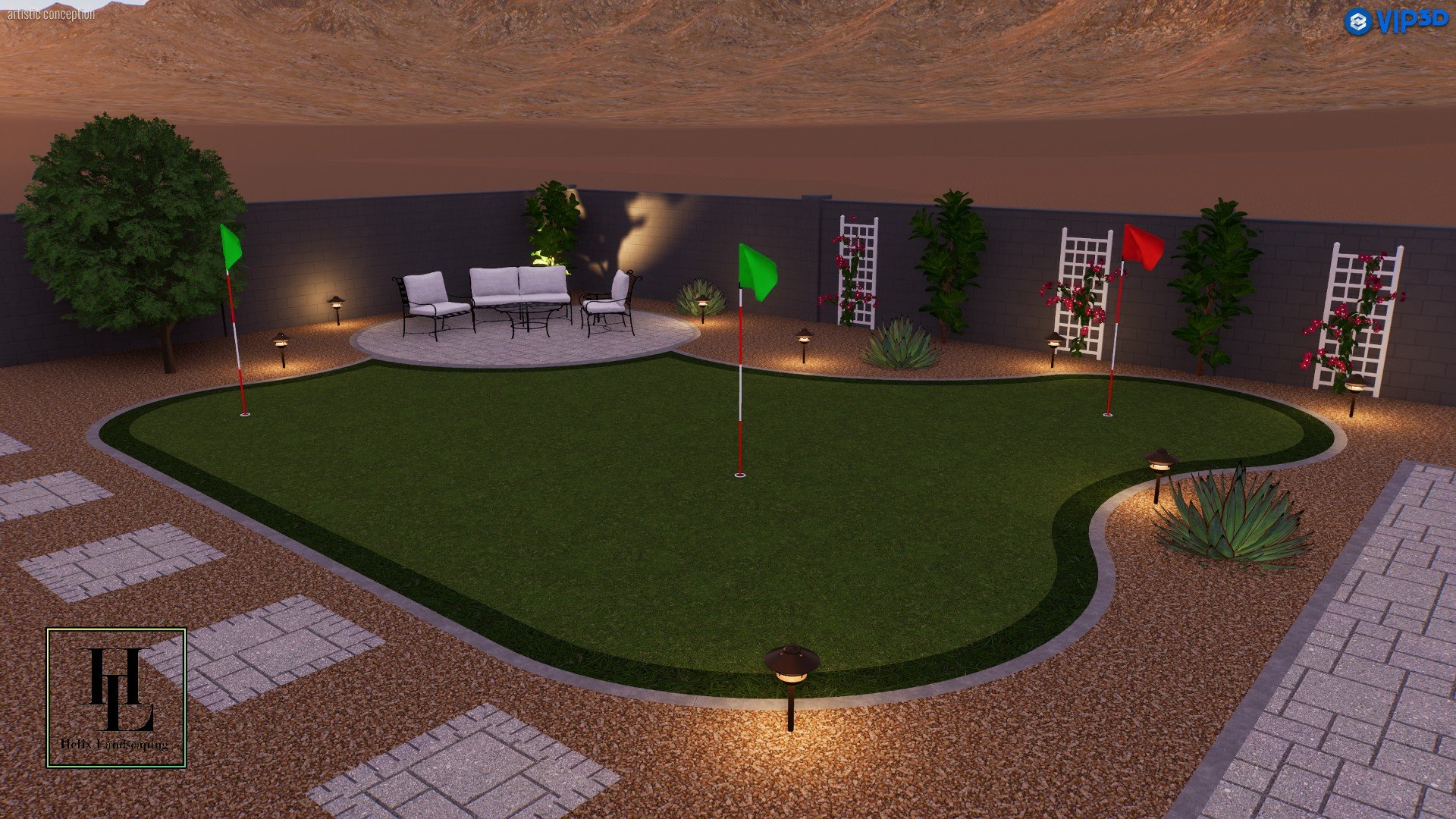 3D Rendering of Green Lawn, Seating Area, and Garden Lights at Residence B