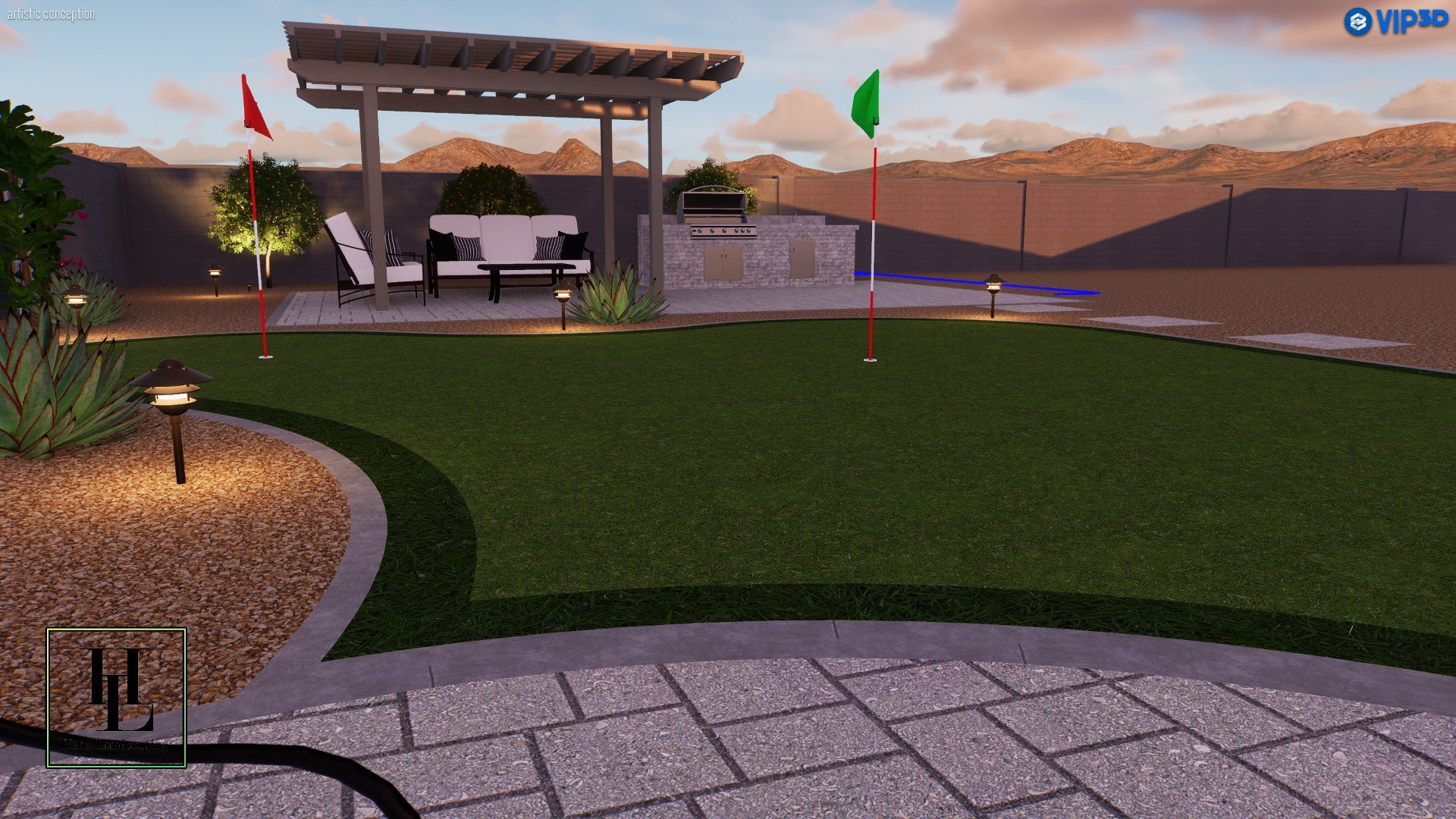 Outdoor patio with landscaping, putting green, and grill area designed for Residence B