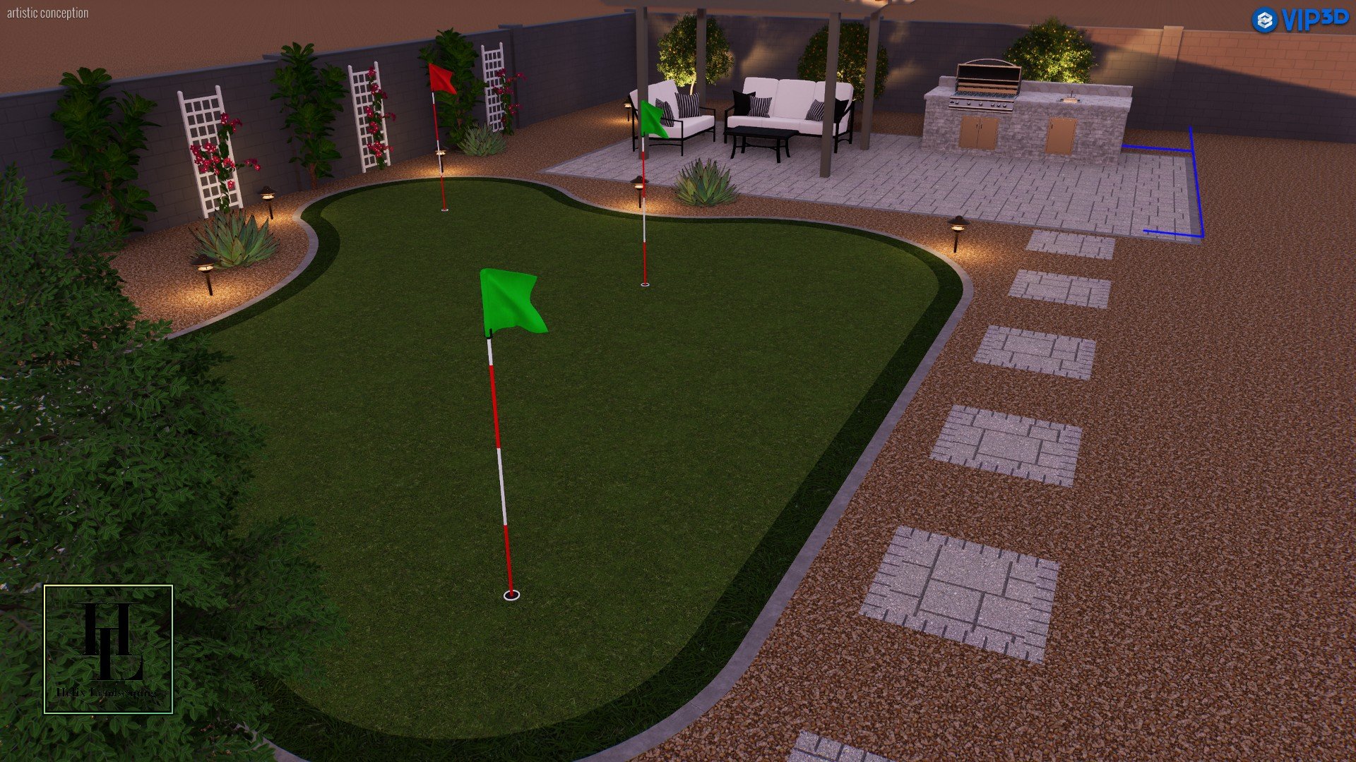 3D rendering of backyard with putting green, paver path, and outdoor kitchen