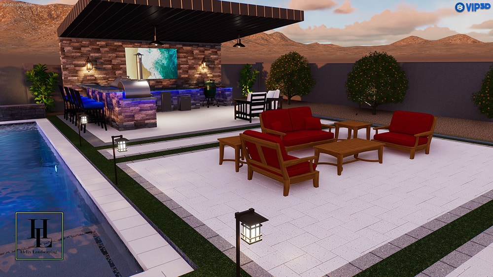Contemporary Patio with Bar, Comfortable Seating, and Poolside View