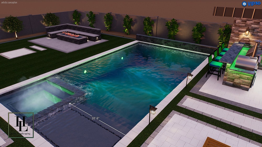 Backyard Pool and Fire Pit with Modern Outdoor Bar and Lounge Area