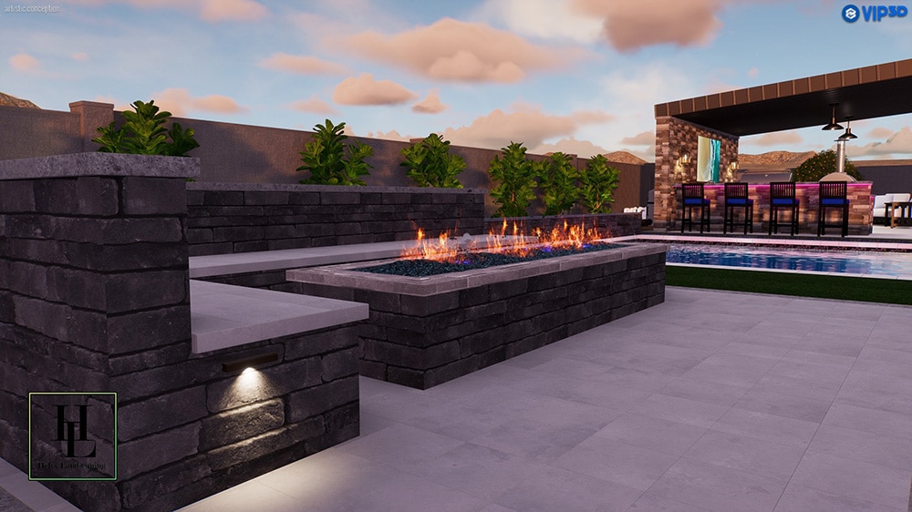 Outdoor Fire Pit with Modern Stone Design and Backyard Bar