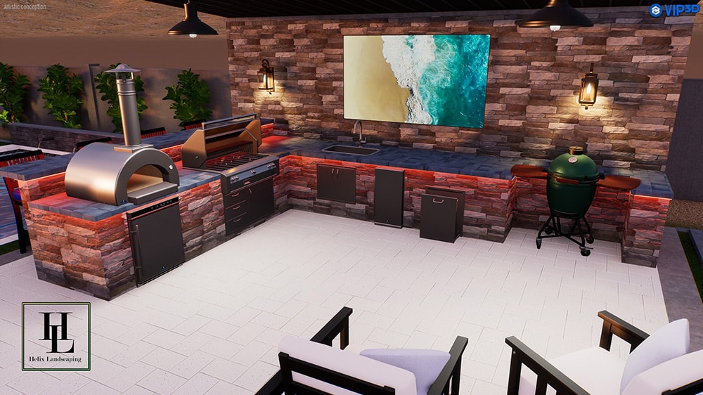 Outdoor Kitchen with Pizza Oven, Grill, and Green Egg Smoker