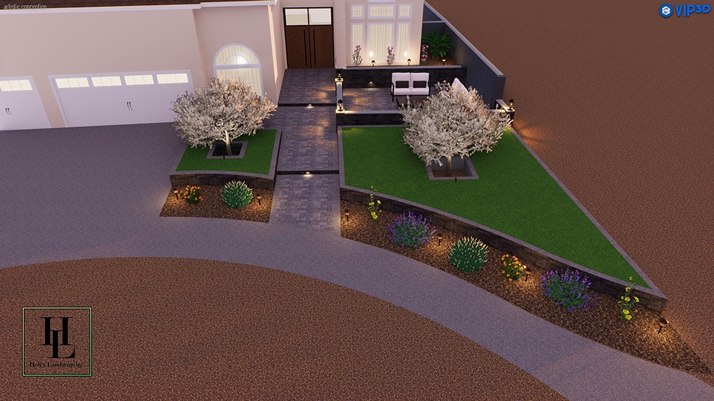 3D Landscape Design with Paver Pathway, Artificial Turf, and Lighting