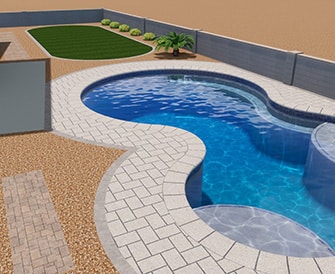 Residential swimming pool in Gilbert surrounded by elegant stone pavers and green turf