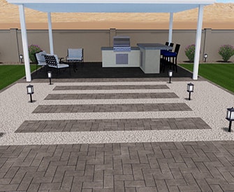 Outdoor kitchen with seating area, stone pathway, and garden lighting in Gilbert