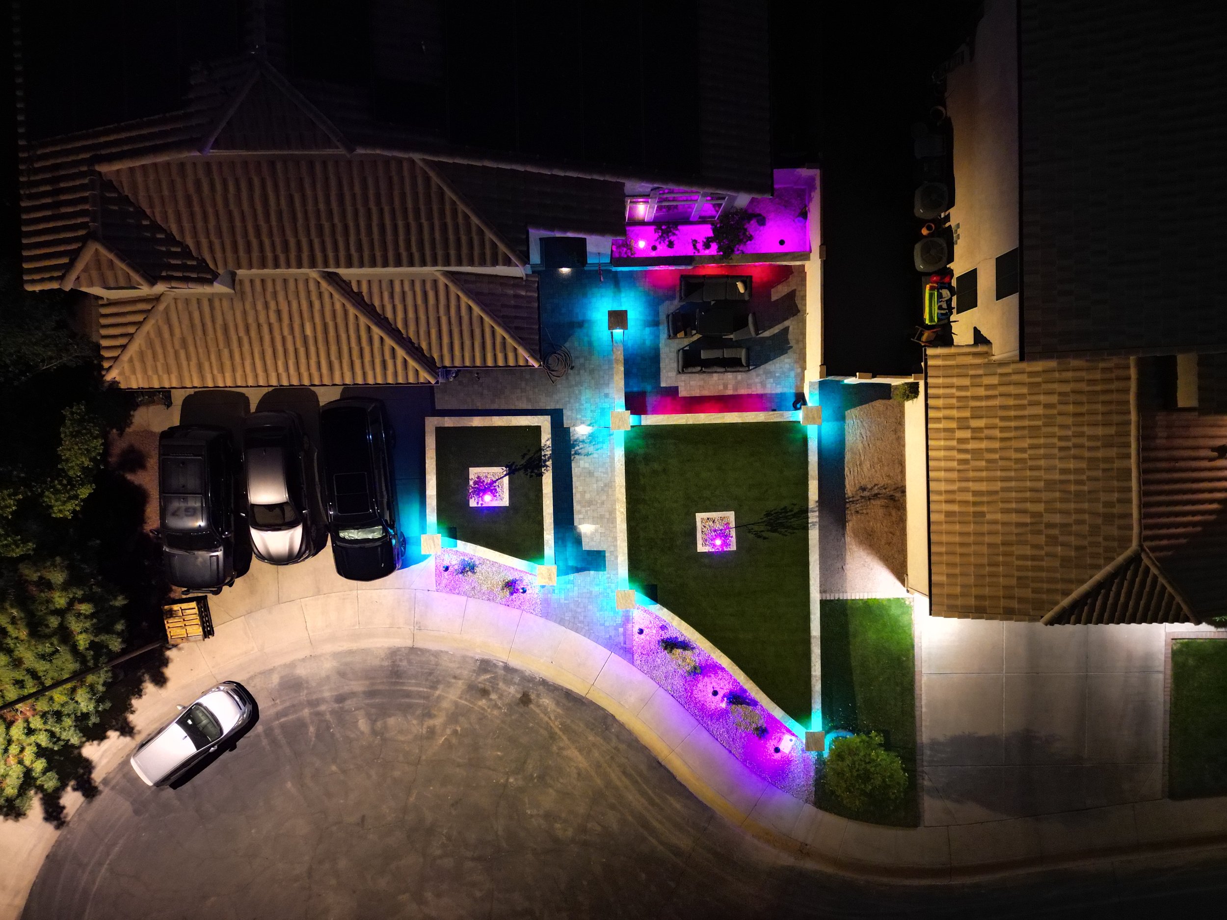 Modern landscaping with LED lights on the garden and driveway